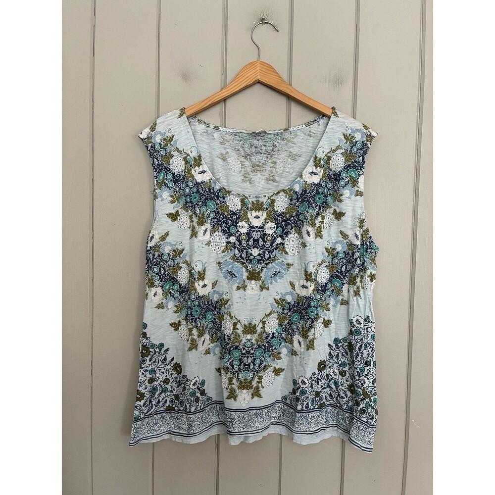 Lucky Brand Sleeveless T-Shirt Top XL Blue Floral Print Wide Neck Cap Sleeves